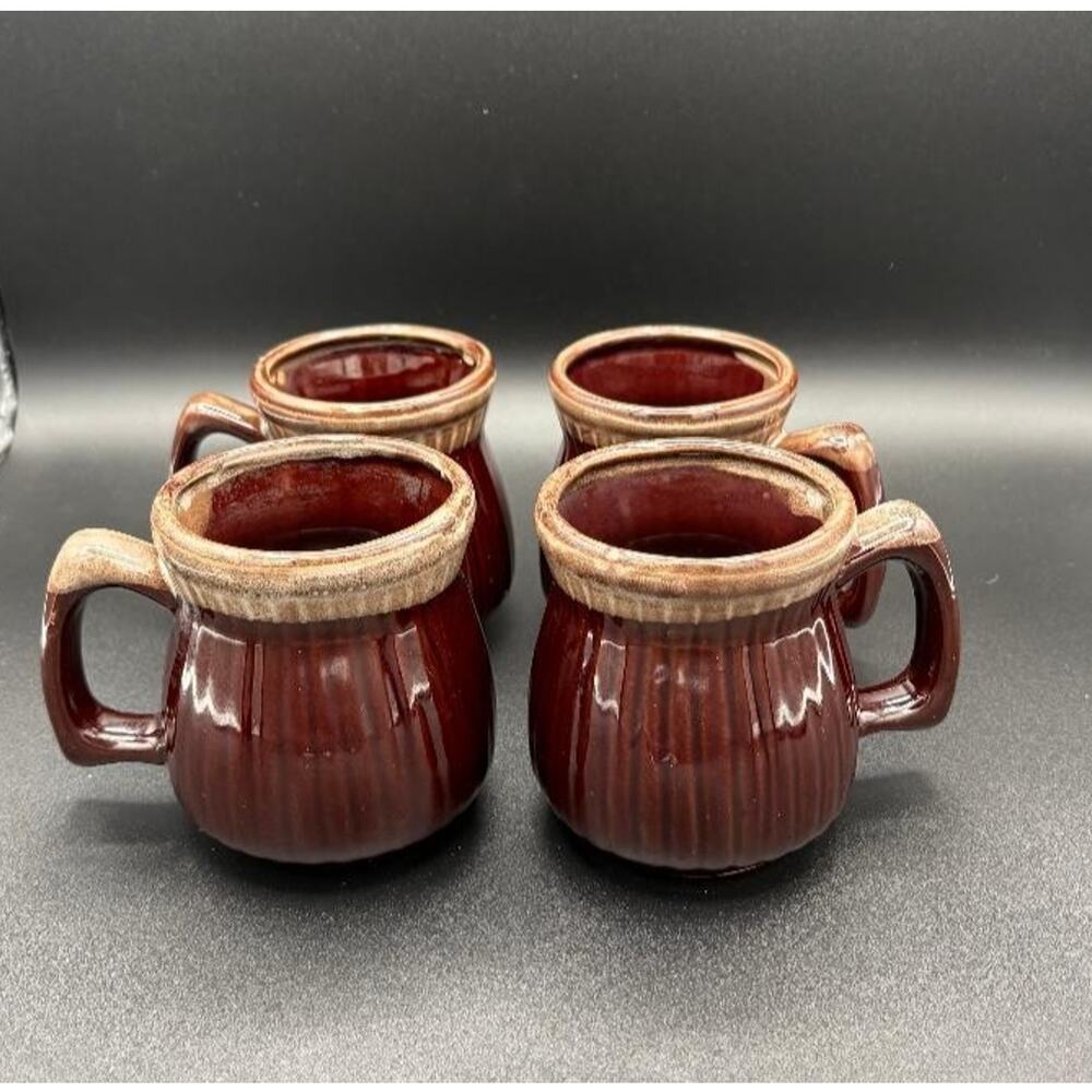 Vintage Brown Drip Glaze Terracotta Ribbed Mugs Set of 2